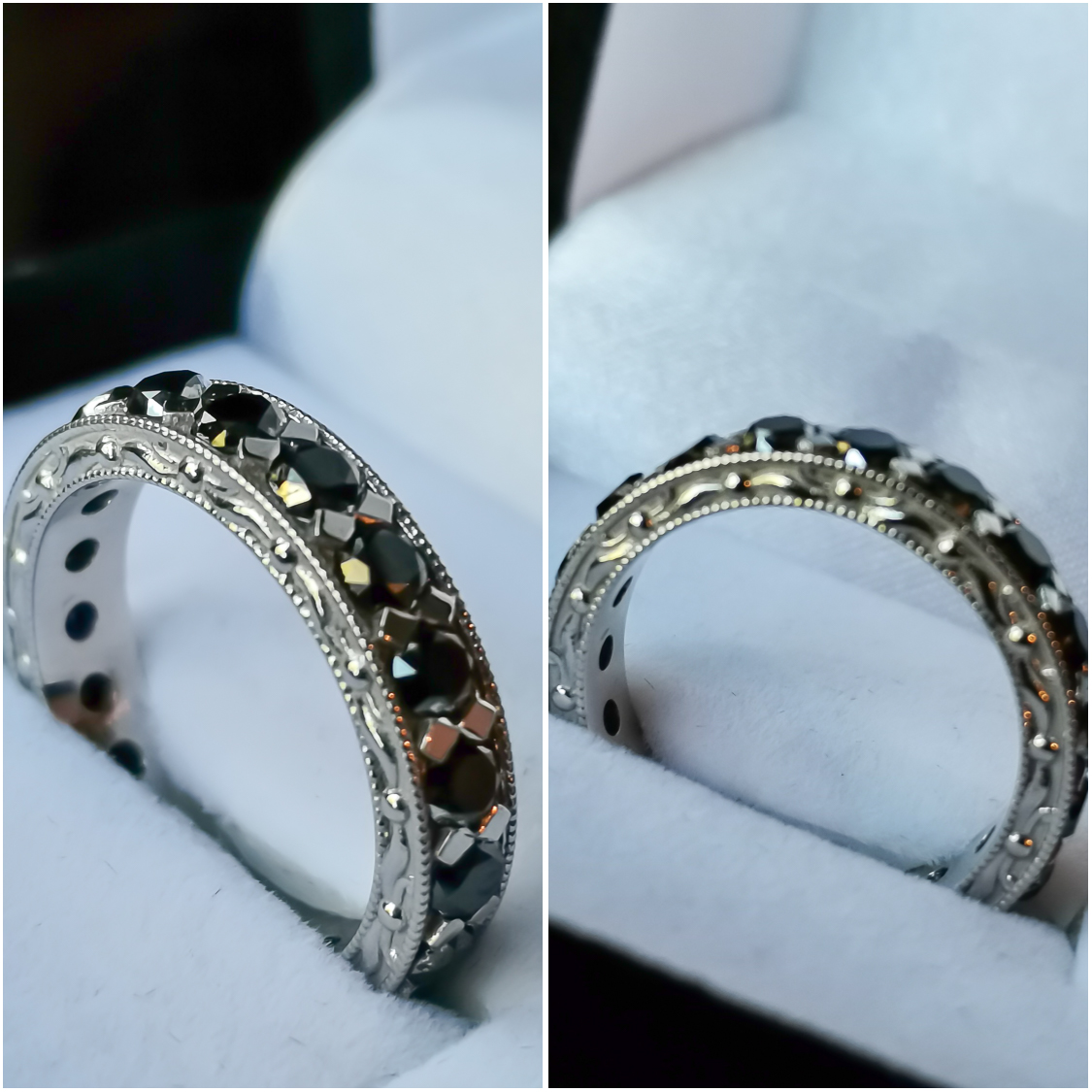 Black diamond eternity ring with filigree