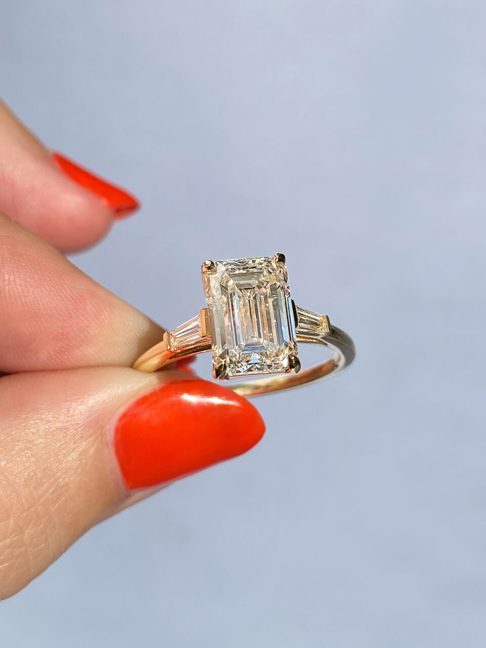 lab grown diamond ring with emerald cut design